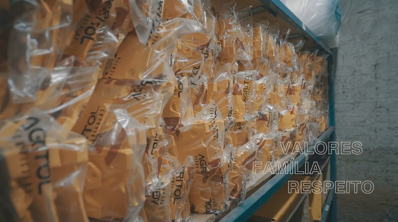 Prateleiras do estoque da Agritol abastecidas com peças embaladas.