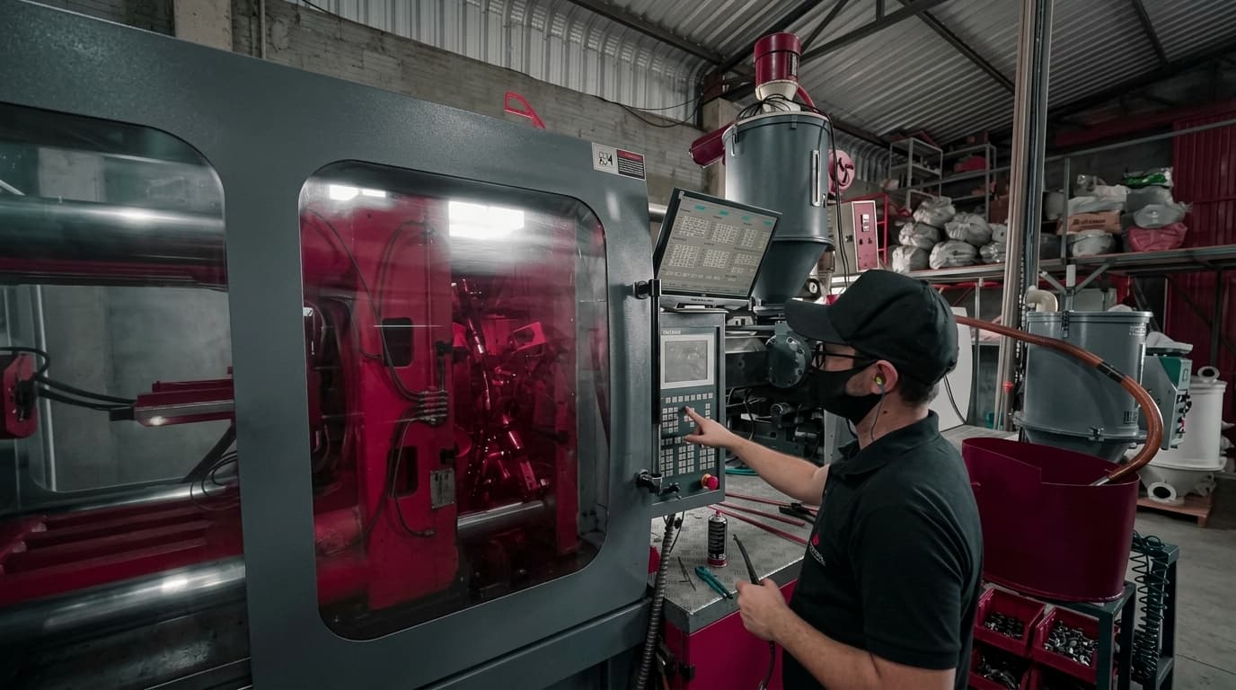 Operador da Agritol no painel de comando de uma injetora industrial.