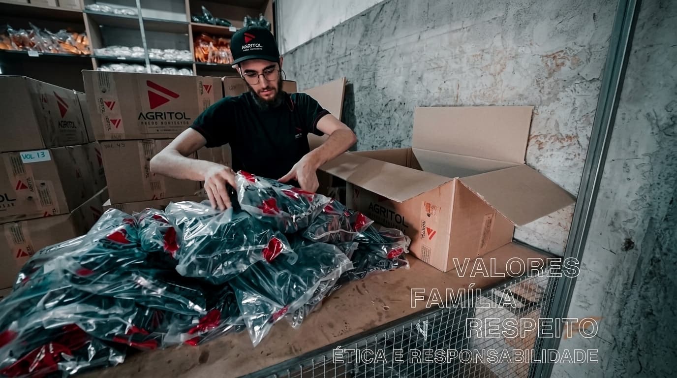 Colaborador da Agritol embalando peças em caixas para expedição.